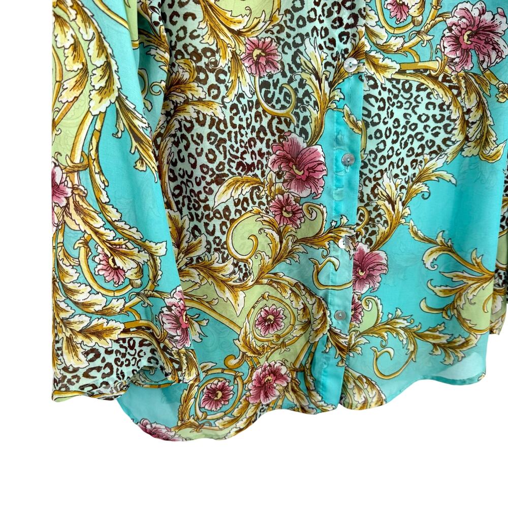 Slinky Brand Sz Large Super Sheer Tropical Floral Long Sleeve Blouse Shirt Top - Picture 5 of 9